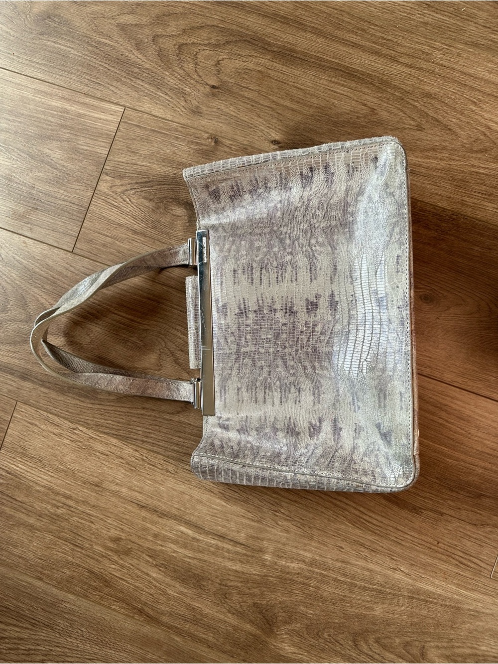 Michael Kors Metallic Silver Embossed Leather Tote Handbag